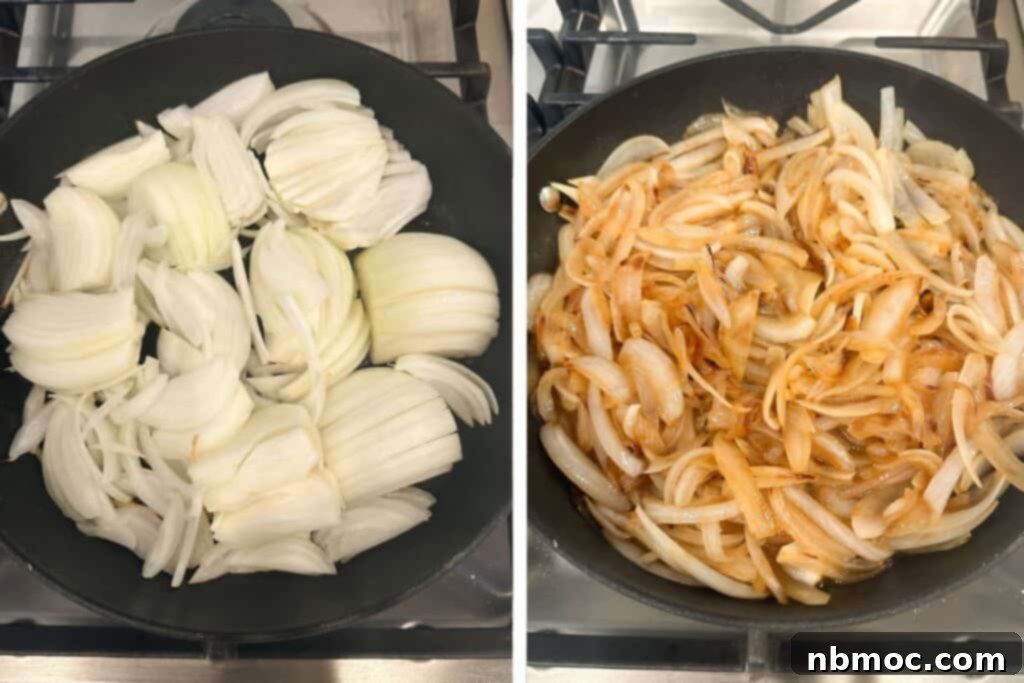 Step-by-step process of making quick caramelized onions in a cast iron pan.