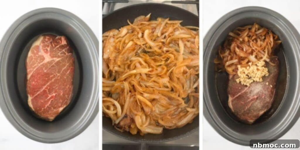How to slow cook beef along with caramelized onions for this French Dip recipe, showing ingredients in a crockpot.