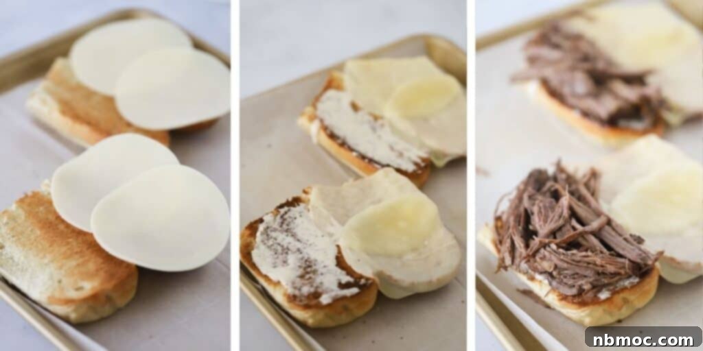 How to assemble French Dip sandwiches on hoagie rolls with shredded beef and melted cheese.