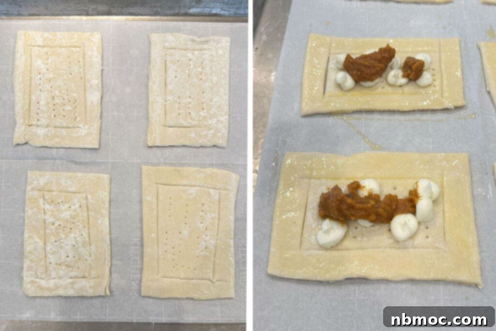 Raw puff pastry rectangles scored and filled with creamy pumpkin and cream cheese mixtures, prepared for baking.