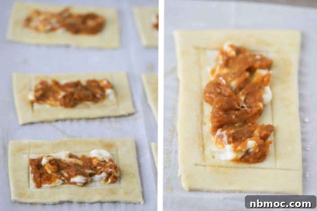 Puff pastry rectangles with a generous swirl of pumpkin and cream cheese filling, ready to be brushed with egg wash and baked to perfection.