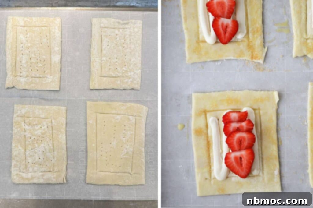 Flaky Strawberry Cream Cheese Delight 3 Puff pastry dough cut into rectangles and topped with cream filling and berries.