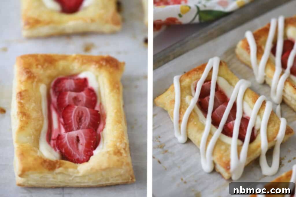 Flaky Strawberry Cream Cheese Delight 4 A baking sheet with strawberry pastries that have just been baked and are being drizzled with glaze.