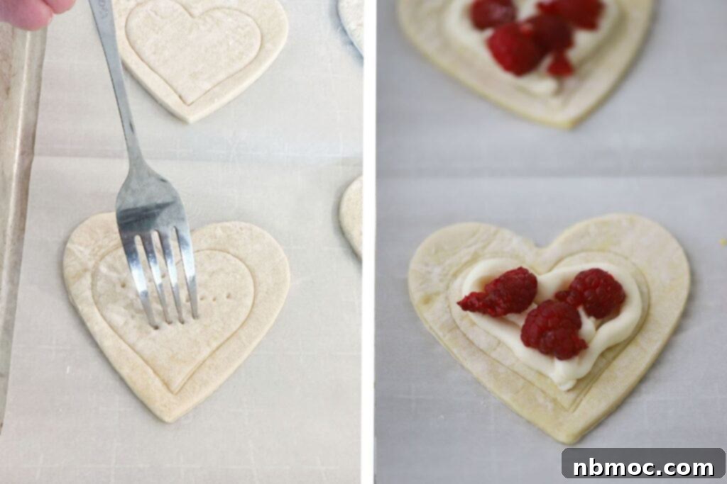 Scoring puff pastry dough and then adding the filling to make homemade Raspberry Danish, highlighting the detailed steps for a perfect pastry.