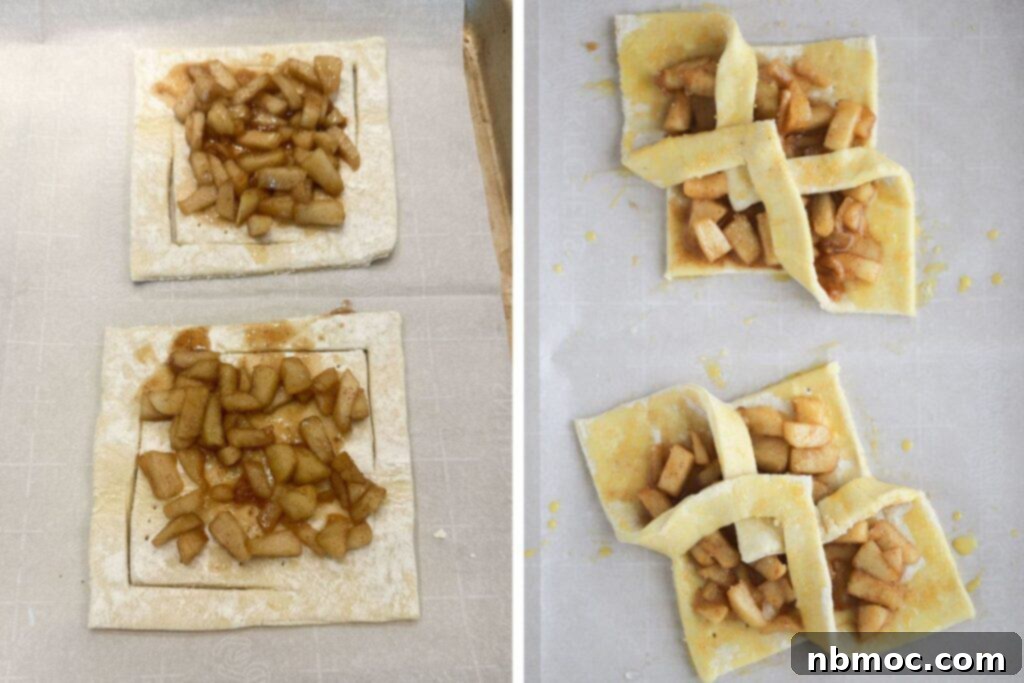 Puff pastry squares filled with cooked apple pie filling, ready for baking.