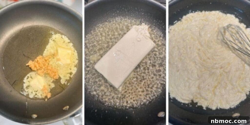 A large sauté pan with a creamy sauce being whisked, showing melted cream cheese, chicken broth, and garlic.