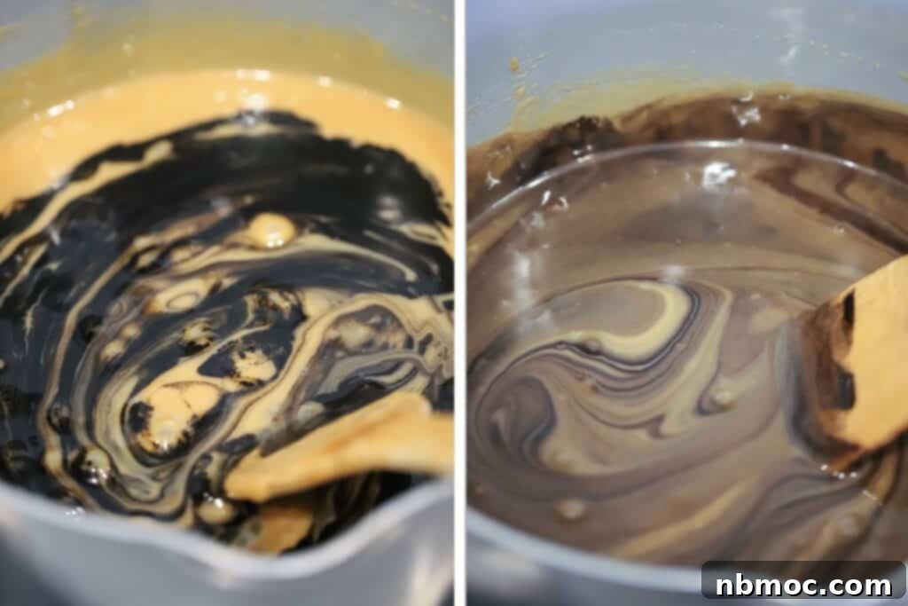 Midnight Licorice Caramels 3 A bowl full of caramel with black licorice extract and black food coloring being mixed in.