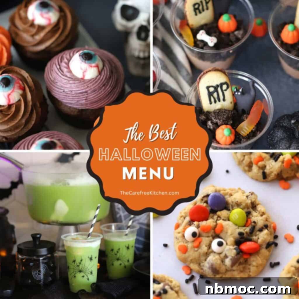 A captivating display titled "The Best Halloween Menu," showcasing an array of festive treats including whimsical cyclops cupcakes, eerie graveyard dirt cups, vibrant green witch punch, and playful monster cookies, all perfectly arranged to inspire your Halloween celebration.
