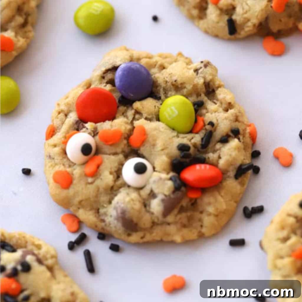 A vibrant selection of Halloween Monster Cookies, showcasing their playful decorations and rich, chewy texture, perfect for a spooky celebration.