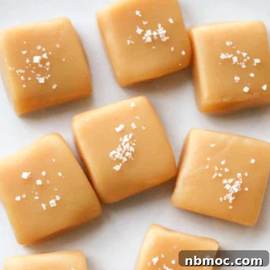A collection of homemade caramel candies, each perfectly square and delicately topped with a sprinkle of sea salt, inviting indulgence.