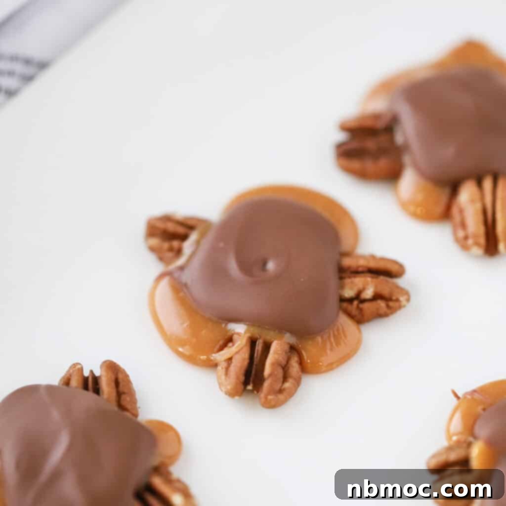 A beautiful serving plate showcasing homemade turtles candy, featuring a delightful blend of pecans, caramel, and chocolate.