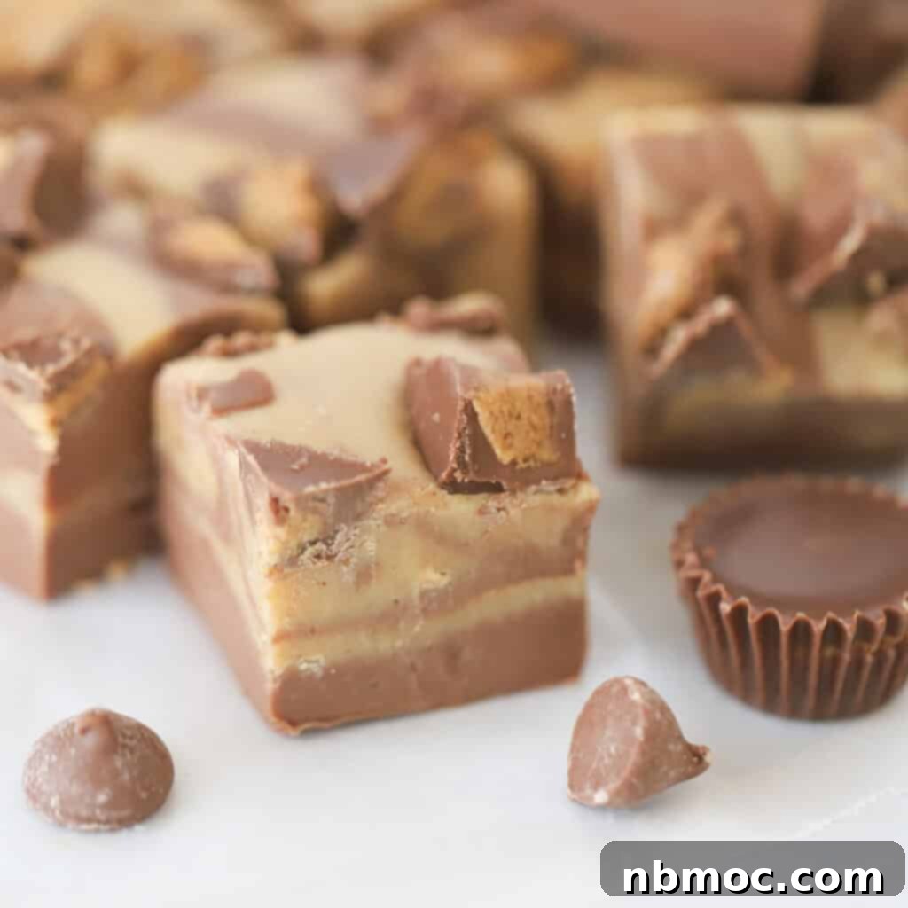 A delectable tray of Reese's peanut butter fudge, generously adorned with pieces of Reese's peanut butter cups, promising a rich and creamy treat.