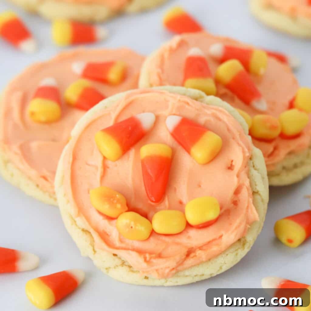 A plate of cheerful Jack O' Lantern cookies, each decorated with vibrant orange frosting and candy corn for a festive Halloween touch.