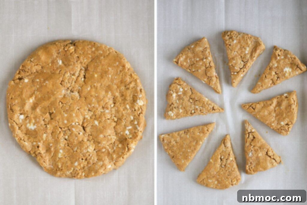 Scone dough formed into a perfect circle and then expertly cut into eight equal triangular pieces, ready for baking.