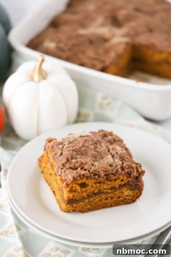 A plate with a slice of this pumpkin coffee cake recipe topped with cinnamon streusel.