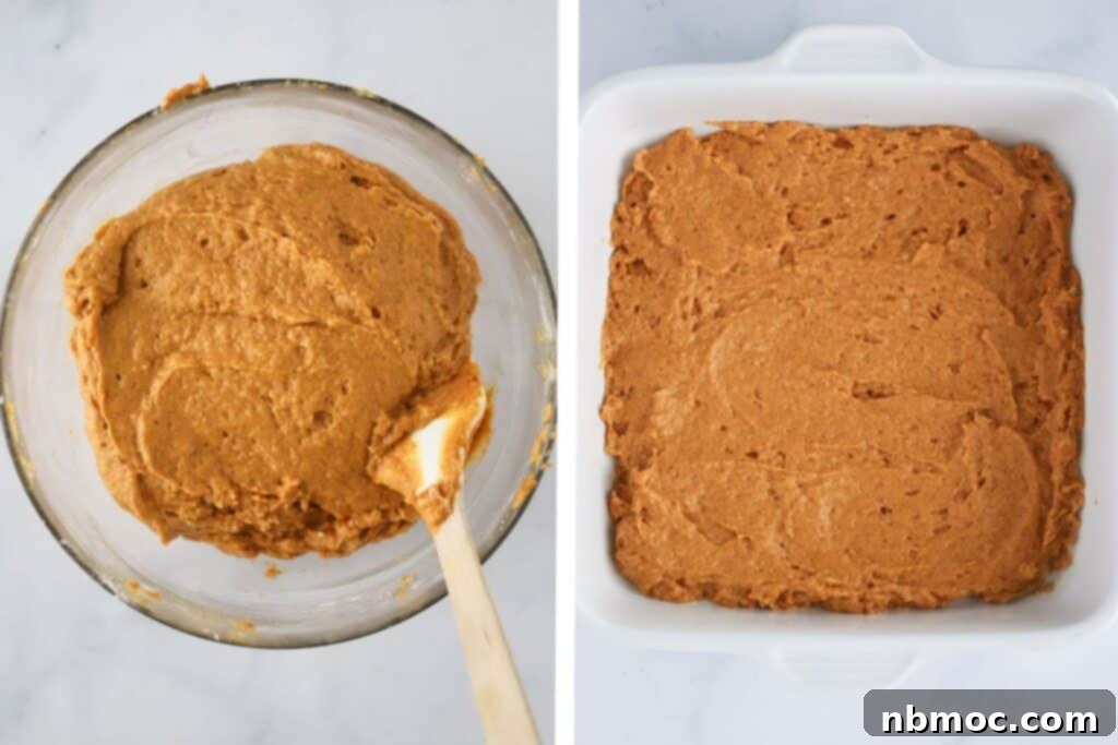 A mixing bowl full of pumpkin coffee cake batter, transferred into a square baking dish.