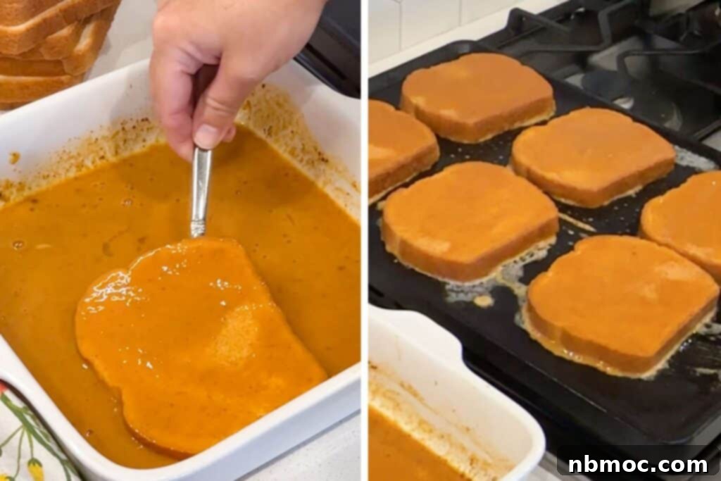 Pumpkin Spice French Toast 4 A slice of Pumpkin French toast being dipped into the rich, spiced egg mixture, followed by another slice sizzling on a hot skillet until golden brown.