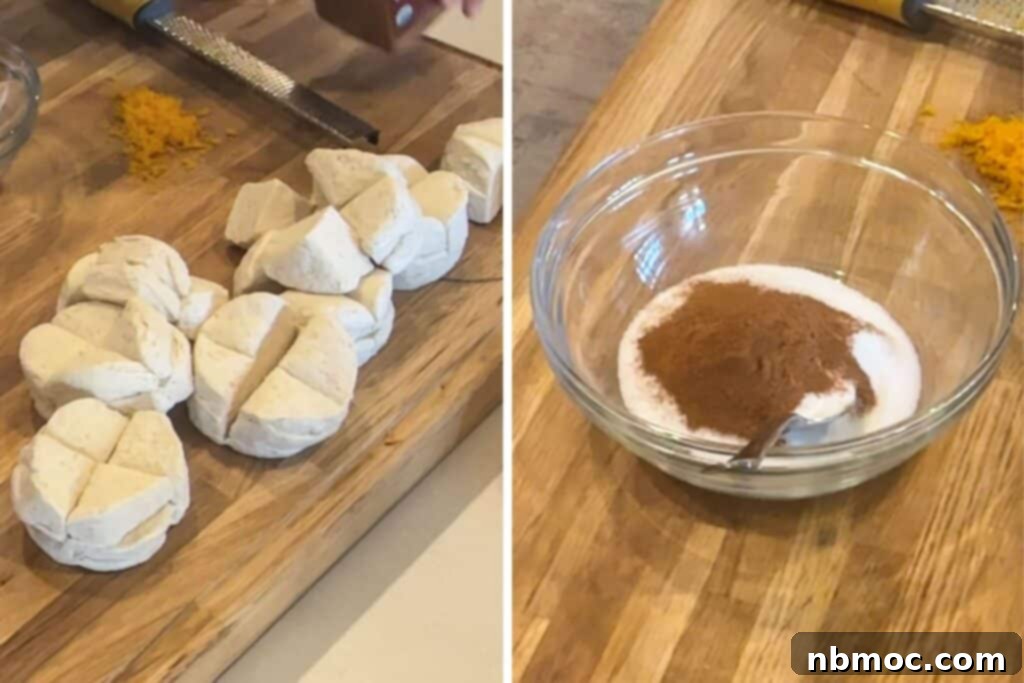 Zesty Cranberry Orange Pull-Apart Delight 3 Refrigerator biscuits cut into smaller pieces with a bowl of cinnamon and sugar.