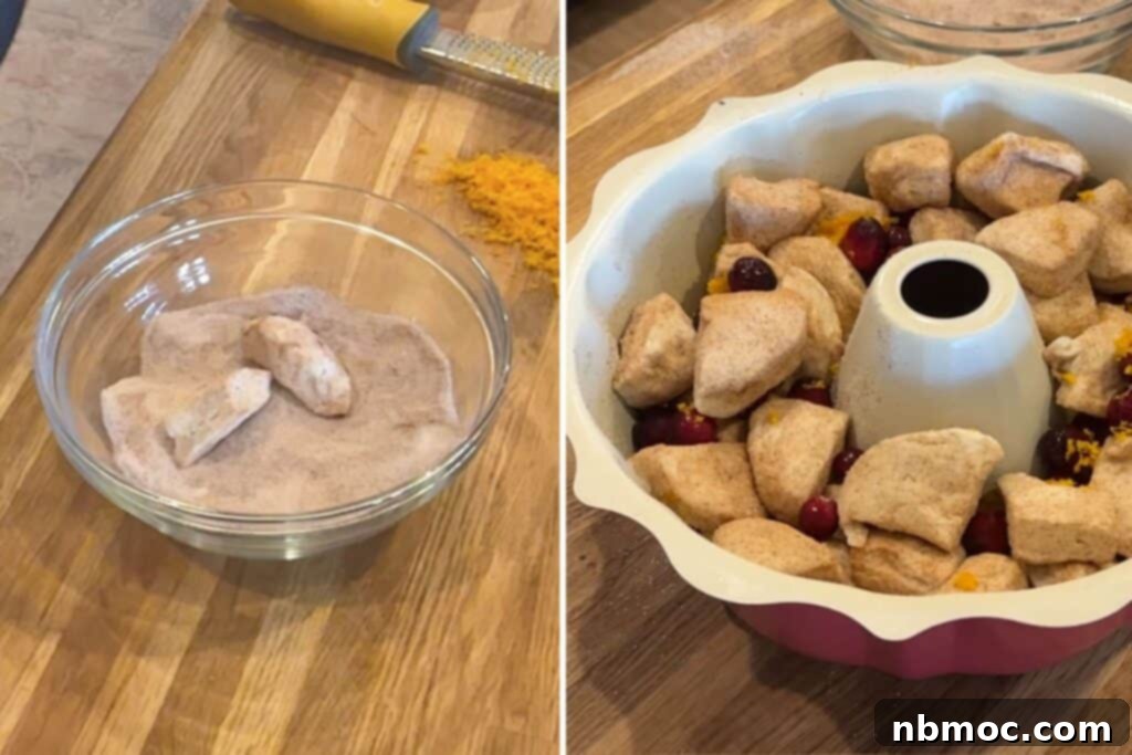 Zesty Cranberry Orange Pull-Apart Delight 4 A bundt pan with pieces of dough mixed with fresh orange zest and cranberries.