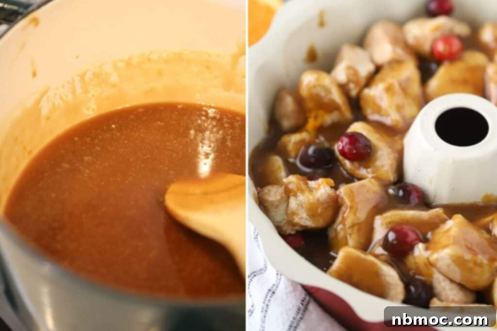 Zesty Cranberry Orange Pull-Apart Delight 5 Caramel sauce in a pot, then poured over the top of the biscuit pieces in a bundt pan for making orange monkey bread.