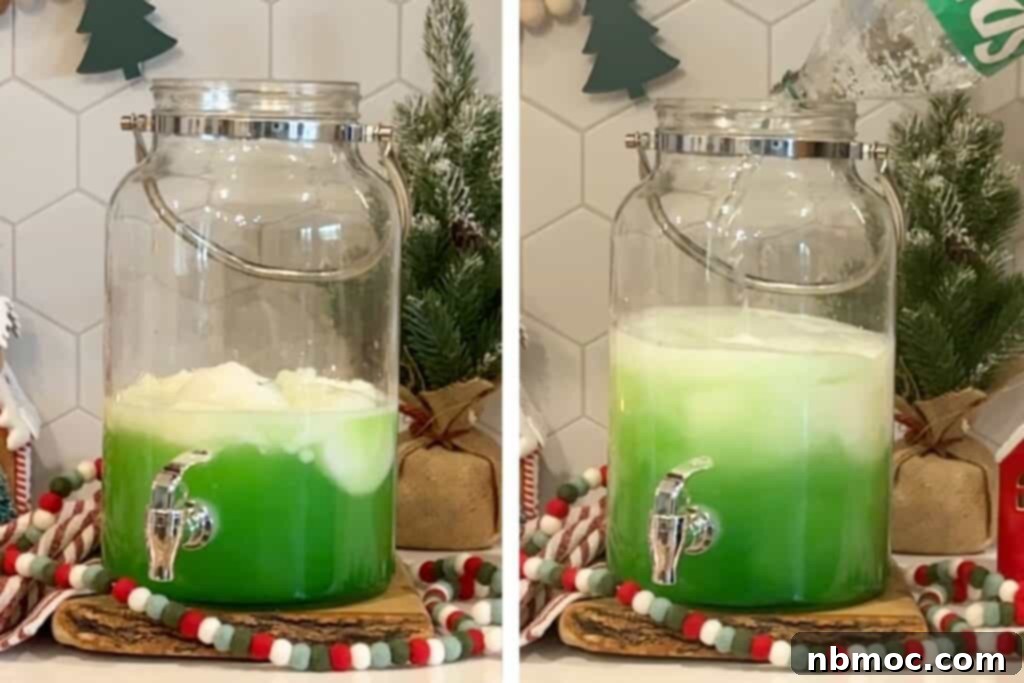 Grinch's Green Punch 4 A large glass punch jar full of sherbet, lemon-lime Kool-Aid, and Sprite that is bright green.