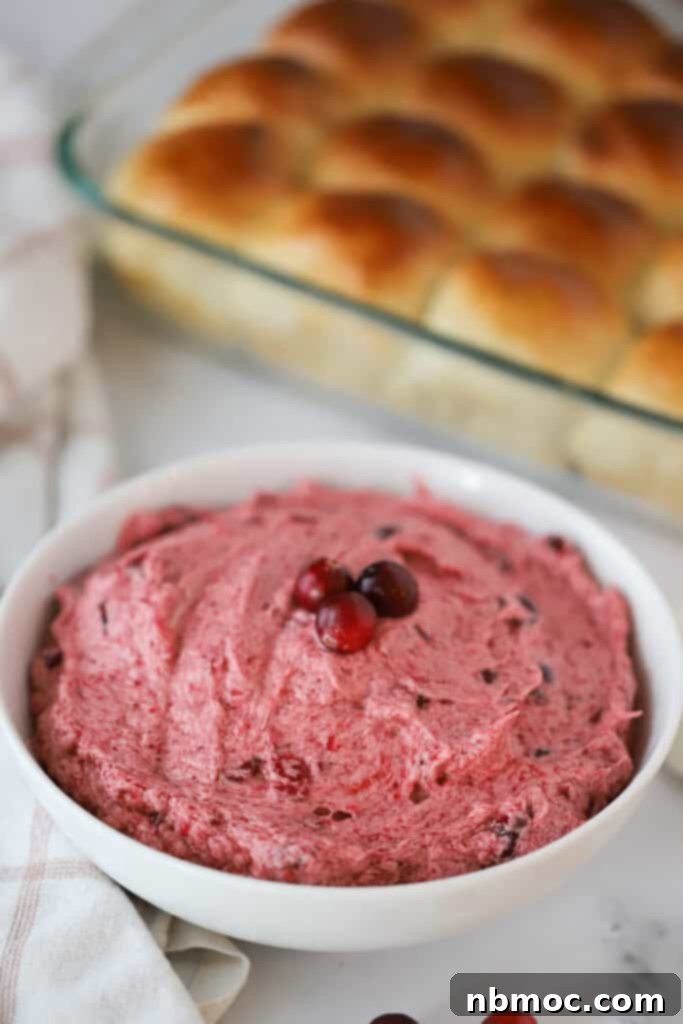 Honeyed Cranberry Cream 2 A beautifully presented bowl of cranberry honey butter, with a warm pan of freshly baked dinner rolls blurred in the background, creating a cozy and inviting holiday scene.
