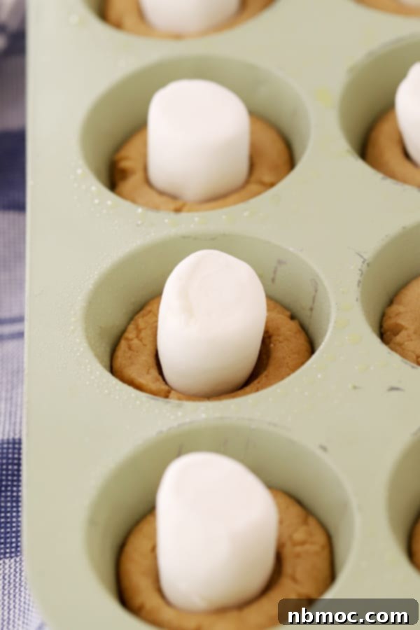 marshmallows on s'mores cups, easy s'more cookie cups, peanut butter cookie s'mores cups.