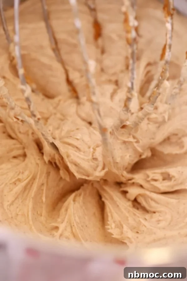 A bowl full of cinnamon frosting with a wire whisk in the middle.