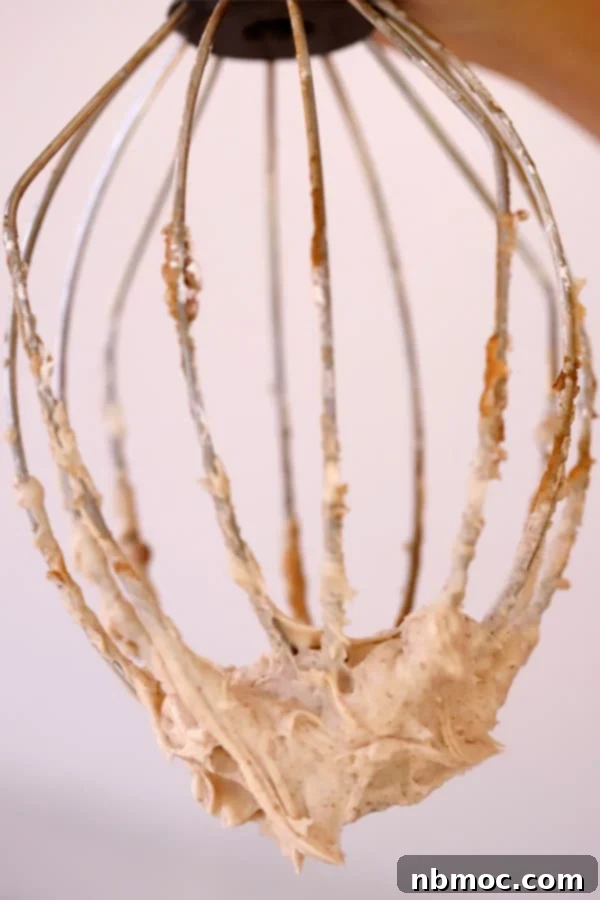 A whisk attachment with cinnamon buttercream frosting.