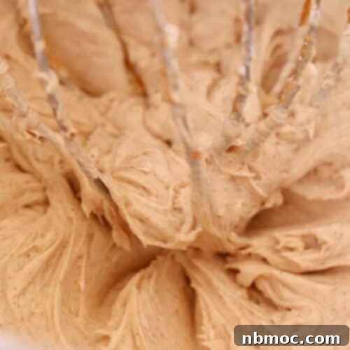 cinnamon butter cream frosting, light and fluffy in metal mixing bowl