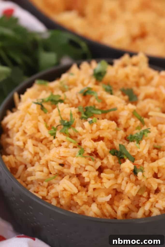 Spanish Rice in a large bowl topped with fresh herbs.