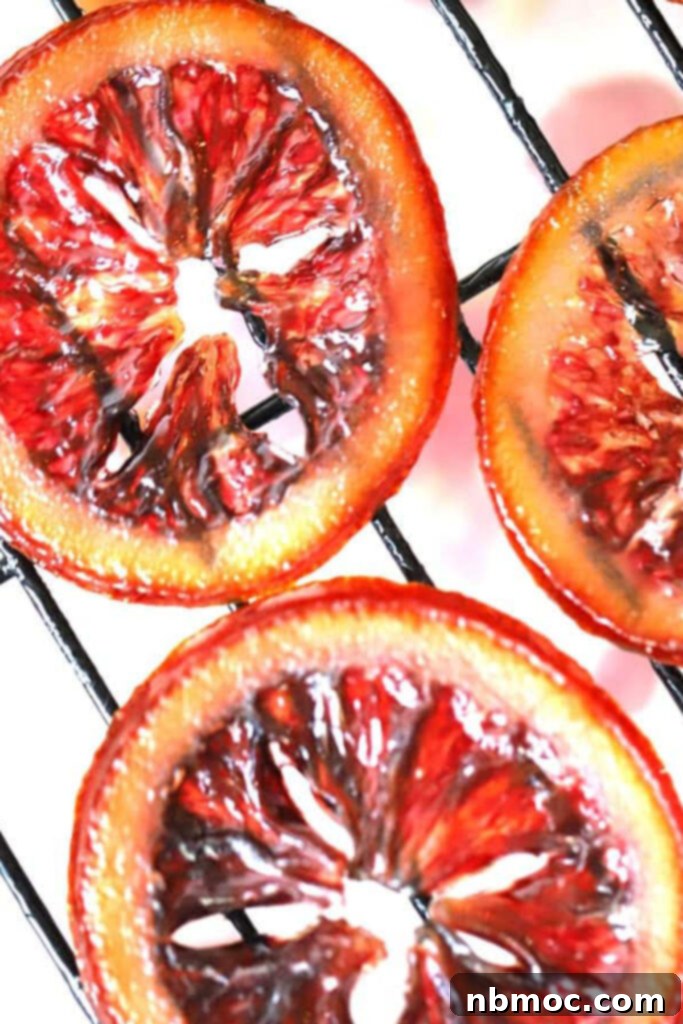 Citrus Gems 2 Glistening candied citrus slices, including oranges and lemons, drying on a wire cooling rack after being prepared, ready to be used as a elegant garnish for desserts.