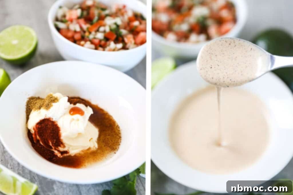 Ingredients to make chili lime sauce in a bowl ready to mix with pico de gallo in the background.