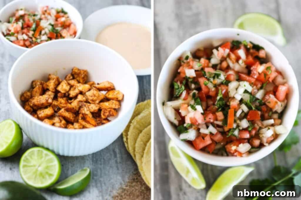 Bowls full of cooked salmon and pico de gallo next to corn tortillas and fresh lime.
