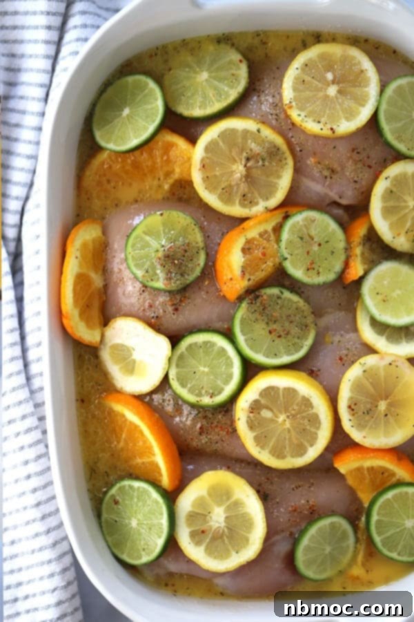 Chicken breasts soaking in a homemade citrus marinade for chicken, generously topped with slices of limes, lemons, and oranges, ready for optimal flavor infusion. The orange marinade for chicken promises a delicious outcome.
