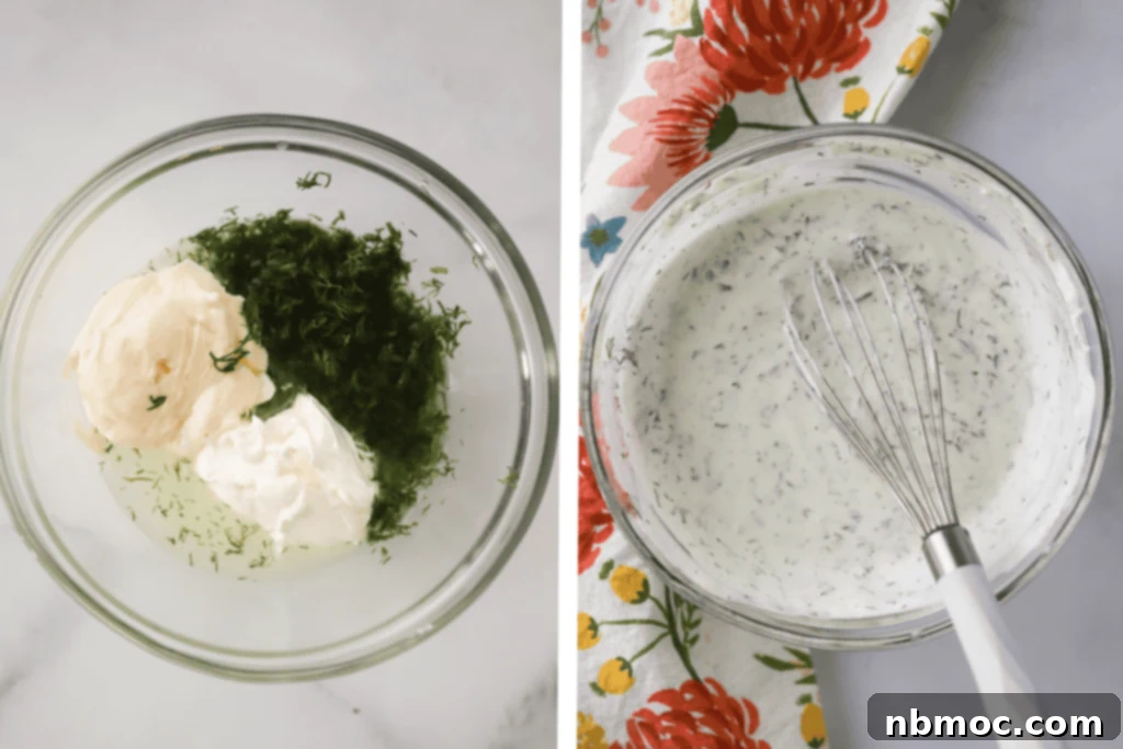 Whisking together fresh dill, mayo, sour cream, and pickle juice to make the dressing for pickle chicken salad recipe.