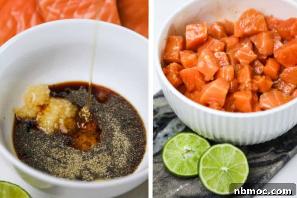 Honey garlic sauce being made in a bowl, then mixed with raw salmon pieces.