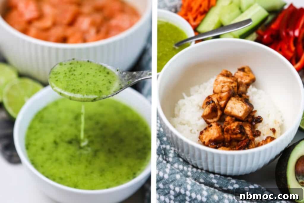Cilantro lime sauce in a bowl beside this honey citrus salmon and rice bowl.
