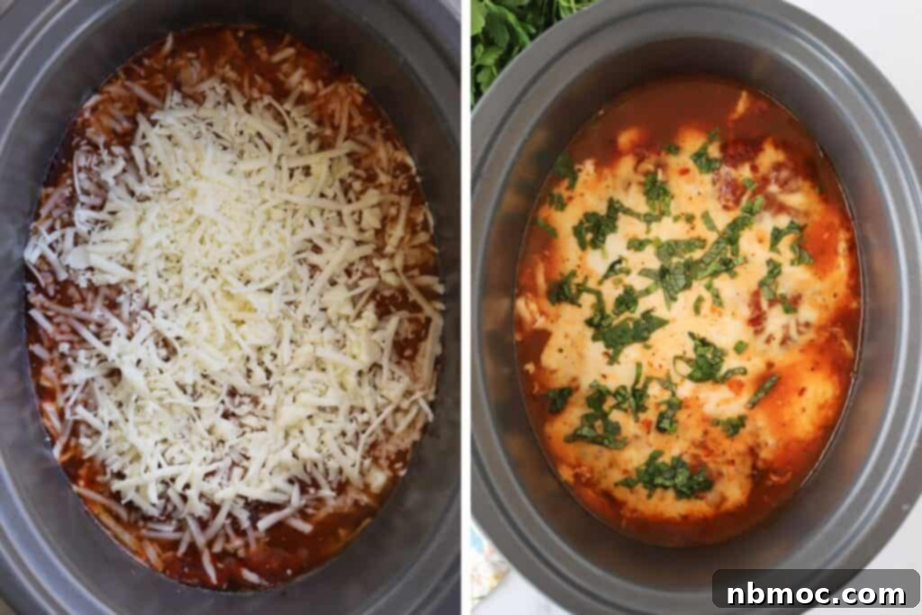Making chicken Parmesan in a slow cooker by adding layers of chicken, marinara sauce, and cheese. 