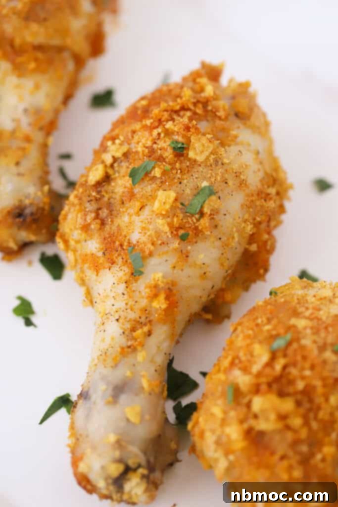 A serving plate with cornflake chicken drumsticks coated with cornflakes.