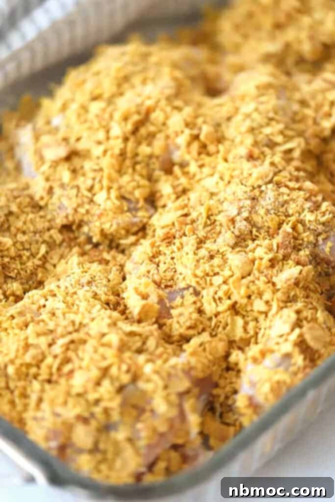 Cornflake crusted chicken in a baking dish, ready to bake