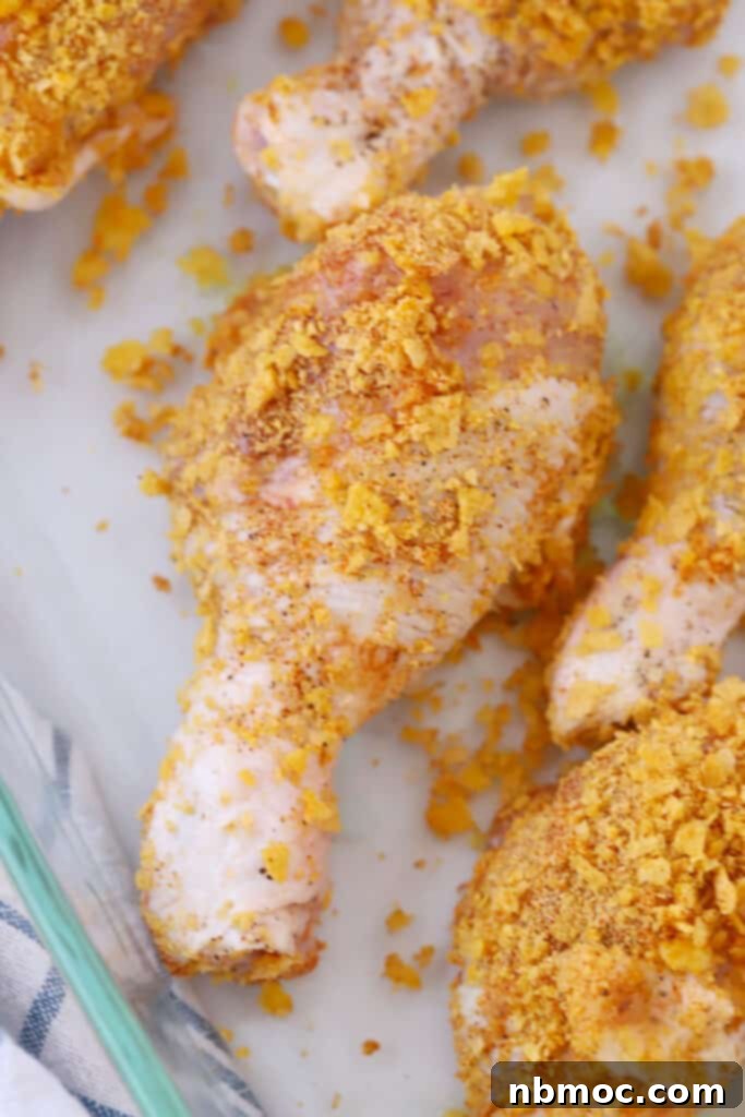 raw chicken drumsticks with cornflake coating, baked chicken with corn flakes, chicken with corn flakes. 