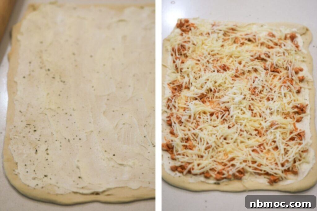 Buffalo Chicken Turnover 5 Pizza dough rolled into a rectangle, spread with cream cheese and Stromboli toppings.