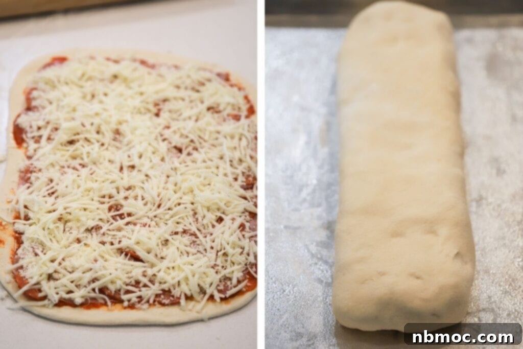 Rolling up stromboli pizza, filled with sauce and cheese.