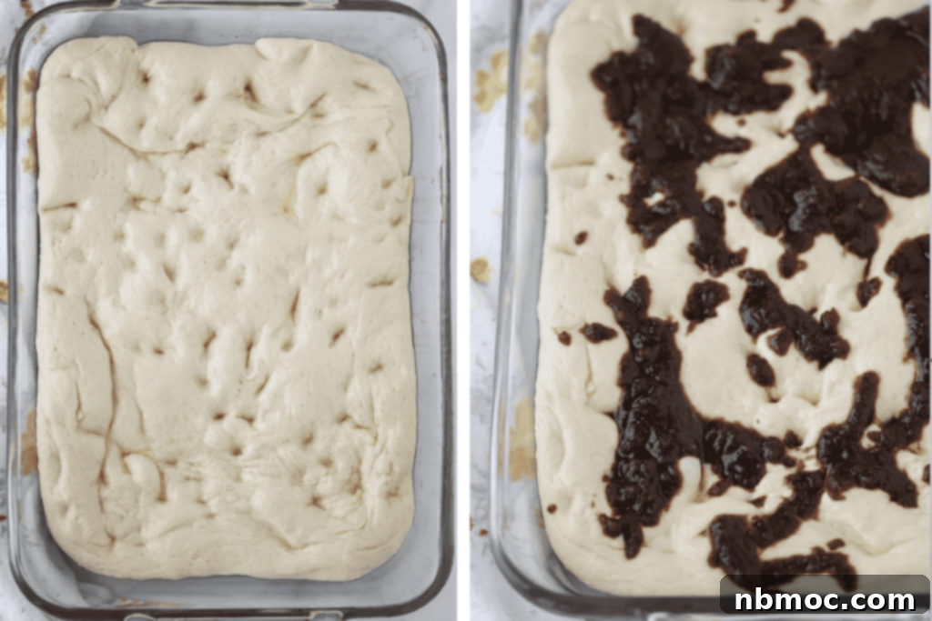 Focaccia dough spread into a baking dish covered with cinnamon sugar