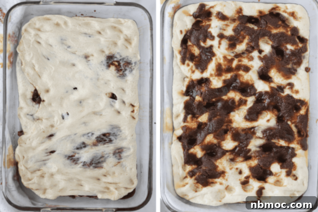 Cinnamon focaccia dough after being folded and then covered with more cinnamon sugar filling.