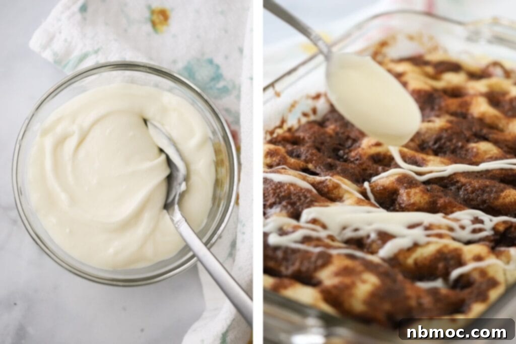 Icing in a bowl, being drizzled over the top of focaccia.