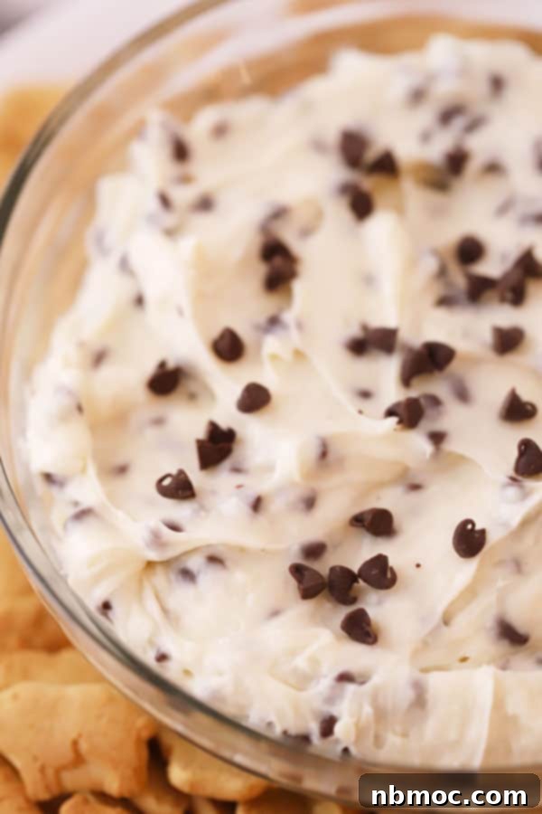 A large clear bowl filled to the brim with creamy, no-bake chocolate chip cheesecake dip, garnished with extra chocolate chips, ready for serving.
