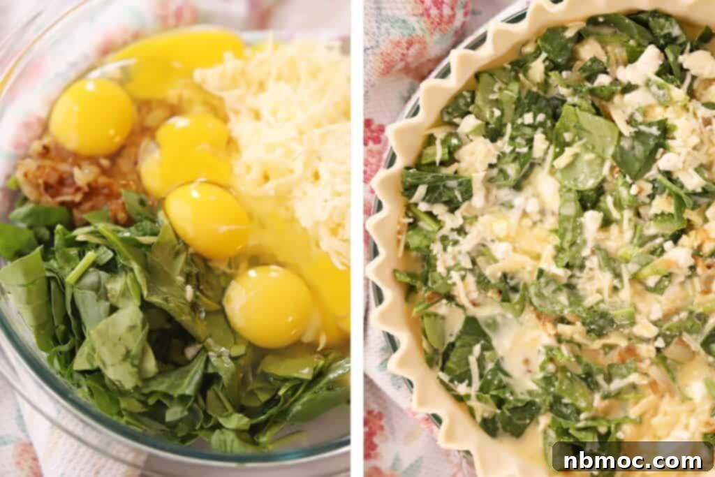 Mediterranean Spinach Feta Quiche 5 How to make the filling for this spinach and feta quiche recipe.