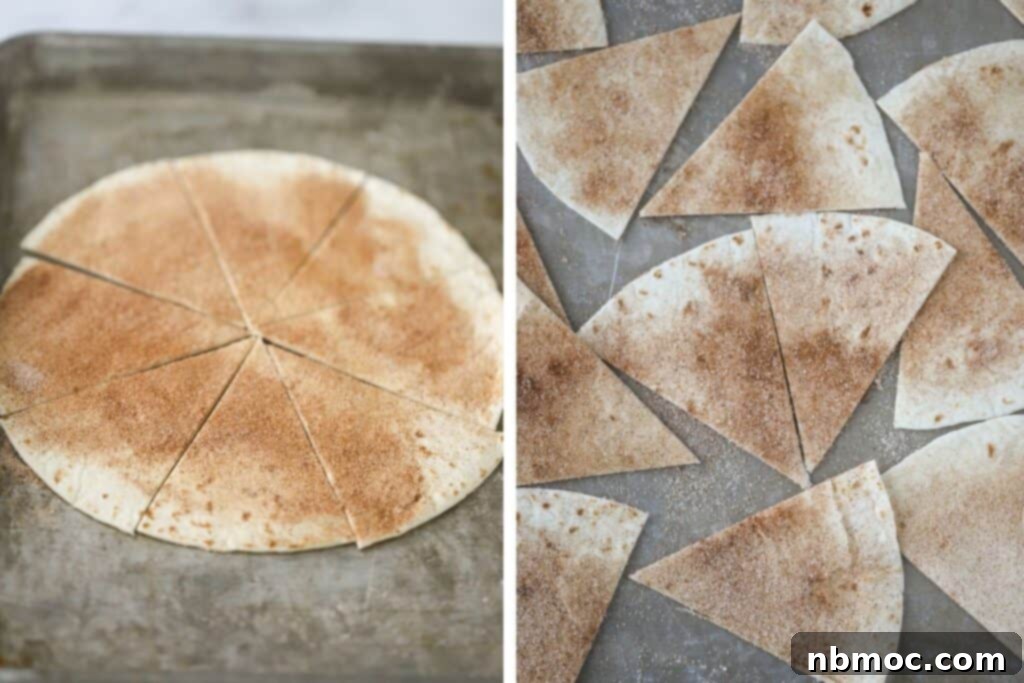 Fruity Fiesta Dip 5 A flour tortilla covered with cinnamon sugar and cut into triangles, ready to bake and make cinnamon chips.